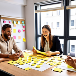 **A diverse team in a brightly lit office, brainstorming around a table covered in customer feedback reports and sticky notes. The atmosphere is collaborative and energetic.** (This visualizes the "Coinvolgere Tutti i Dipendenti" section and the importance of teamwork in addressing customer feedback.)