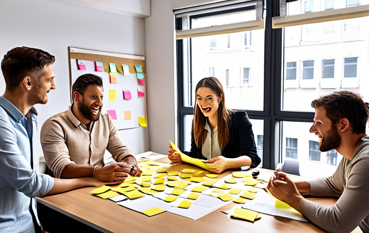 **A diverse team in a brightly lit office, brainstorming around a table covered in customer feedback reports and sticky notes. The atmosphere is collaborative and energetic.** (This visualizes the "Coinvolgere Tutti i Dipendenti" section and the importance of teamwork in addressing customer feedback.)